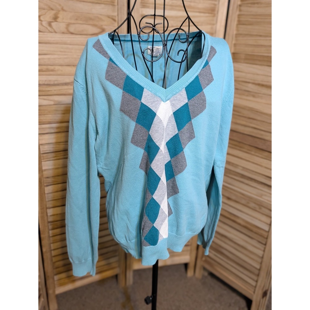 Bass Sweater Woman XL Teal Blue Argyle Diamond Pattern V Neck 100% Cotton